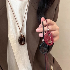Geometric Oval Pendant Necklace Resin Hollow Double Hole Long Sweater Chain Vintage Minimalist Jewelry For Women
