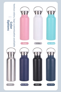 Various colored stainless steel vacuum sports bottles with portable lids and loop handles