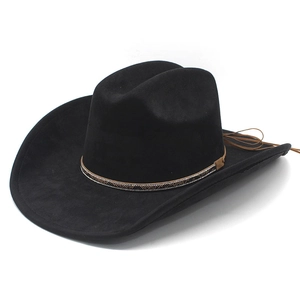 Classic black suede western cowboy hat with a brown rhinestone band and curved brim