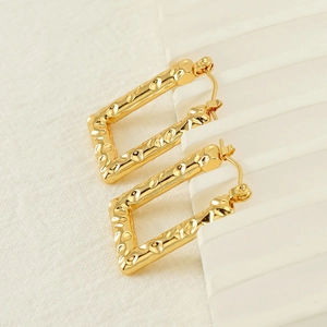 Textured 18K gold plated rectangular titanium steel hoop earrings with hammered finish