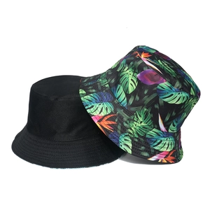 Tropical leaf print sun hat and solid black cotton bucket hat for women summer beachwear