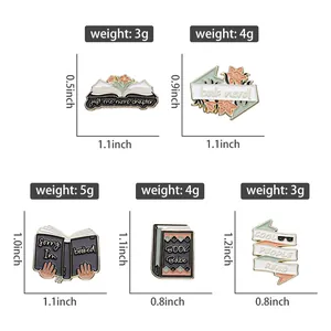 Size and weight specifications for enamel pins with book-themed quotes and designs
