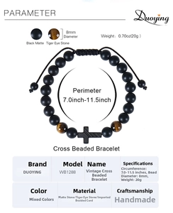 Detail view of black matte and tiger eye stone bead bracelet with a cross charm and size table