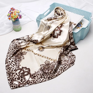 Elegant vintage leopard and chain print satin silk square scarf in champagne gold
