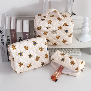 Quilted Cotton Makeup Bag Striped Bear Print Portable Travel Wash Organizer Handbag Cute Cartoon Cosmetic Toiletry Storage