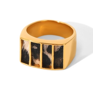 Macro detail of 18k gold plated stainless steel ring featuring leopard print textures