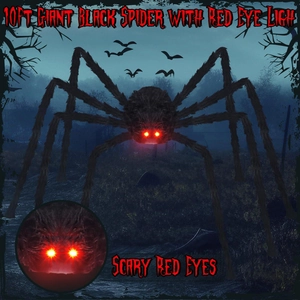 10FT giant black Halloween spider with scary glowing red eyes for outdoor party decor