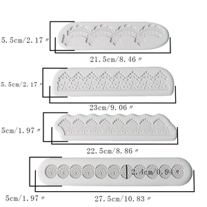 Detailed size chart for four styles of white silicone tree bark lace cake fondant molds