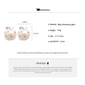 Detailed specs of 18K gold plated apple studs with zircon stones and dimensions