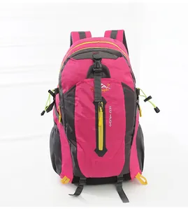 Detail of outdoor hiking backpack featuring rose red and grey color blocking and yellow zips