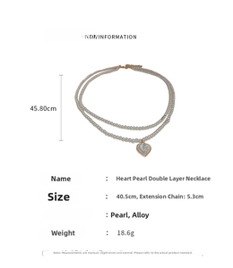 Detailed view of the double-layer heart pearl necklace with size and material specifications