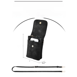 Detailed diagram of black PU leather crossbody phone bag with dimensions and strap