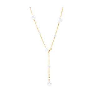 Elegant gold Y-shaped necklace with graduated white pearls on a minimalist chain