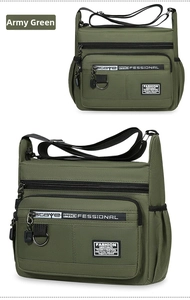 Detail of the army green crossbody bag showing water-resistant nylon and multiple pockets