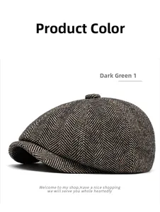Detailed close-up of dark green herringbone wool tweed newsboy cap with top button detail