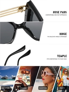 Detail of reinforced metal hinges and ergonomic nose pads on oversized square sunglasses