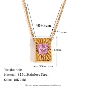 18K gold plated stainless steel necklace with pink heart zircon card pendant