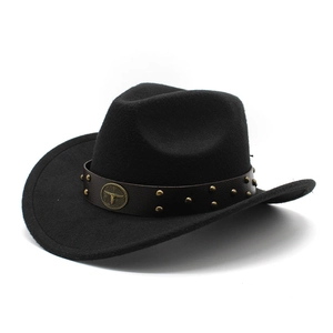 Chapeau De Cowboy Occidental En Feutre Rétro Fedora Avec Bande En Cuir Rivets Insigne Tête De Taureau Style Équestre