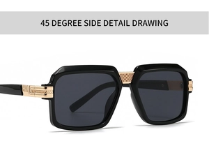 Close-up of 45-degree side view showing gold grid metal detail on square frame sunglasses