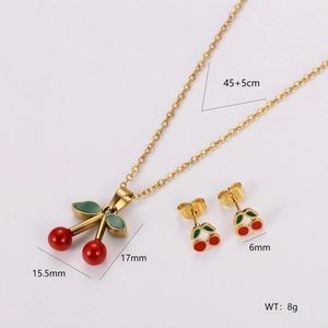 Detailed dimensions of cherry jewelry set including necklace and stud earrings with weight info