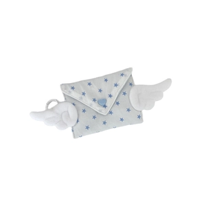 Cute gray envelope coin purse with white wings and blue star pattern for kids