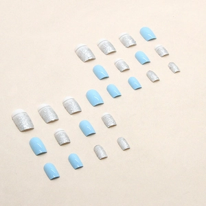 Blue and silver glitter long square press-on nails with minimalist French tip design