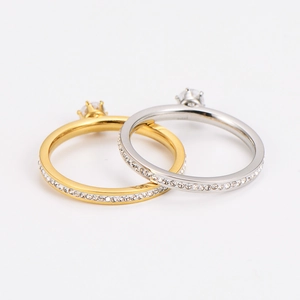 Exquisite six-prong stainless steel rings with gold and silver finishes and zircon stones