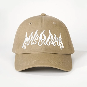Retro khaki baseball cap with white flame embroidery on cotton twill fabric