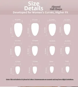 Detailed size chart for almond press-on nails in various width and height specifications