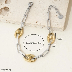 Detail of two-tone stainless steel linked bracelet with size and weight specifications