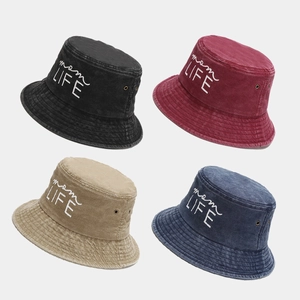 Washed Cotton Bucket Hat Vintage Distressed Mom Life Embroidery Sun Protection Outdoor Travel Retro Cap For Women