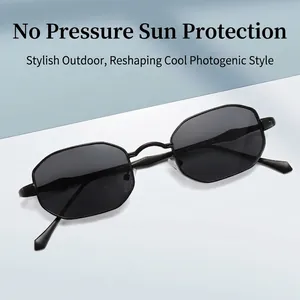 Retro black octagonal metal sunglasses with dark gradient lenses and UV protection