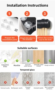 Guide for suction cup wig organizer showing installation steps and wall material compatibility