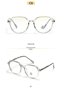 Detailed views of transparent grey TR90 polygon glasses frames with anti-blue light lenses