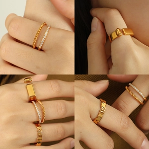 18K gold plated double layer rings set with square zircon and twisted rope design