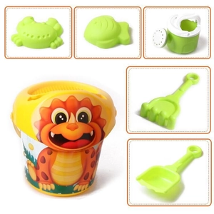 Detailed views of kids beach toy set with dinosaur bucket, sand molds and shovel