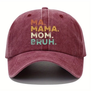 Vintage washed burgundy baseball cap featuring MA MAMA MOM BRUH retro text print
