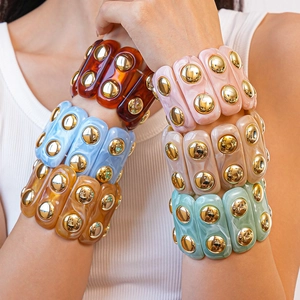 Wide Acrylic Cuff Bracelet With Gold Alloy Rivets Vintage Marble Texture Stretchy Bohemian Fashion Jewelry For Women