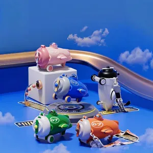 Cartoon airplane-shaped kids water bottle with adjustable strap in multiple vibrant colors