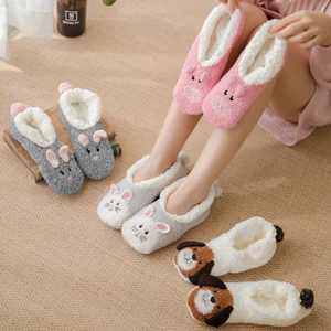 Cartoon Animal Floor Slipper Socks Acrylic Coral Fleece Lamb Velvet Thickened Winter Warm Non-Slip For Women Adults
