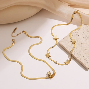 Elegant gold plated 3D butterfly pendant on smooth flat snake chain necklace