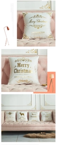 Detail of Christmas pillowcase showing gold foil snowflake reindeer and holiday text