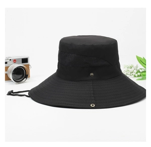 Detail view of black outdoor bucket hat with mesh breathability and adjustable wind cord
