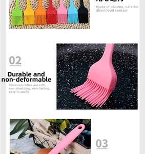 Close-up of flexible high-density silicone bristles and handle hook on various oil brushes