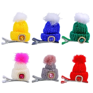 Mini barrettes chapeau de Noël tricotés avec strass et pompons en six couleurs assorties