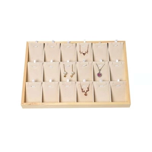Wooden jewelry display tray with 18 slots featuring beige velvet lining and natural grain