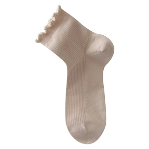 Women's cream white crew socks with elegant lettuce trim and ribbed cotton texture