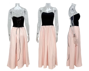 Détails de la robe bustier bicolore avec laçage au dos et jupe longue fluide rose