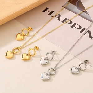 Minimalist stainless steel 3D heart necklace and earrings set in gold and silver finish