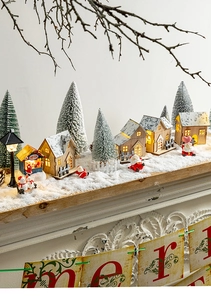 Luminous wooden Christmas house miniature set with snow trees and glowing LED lights